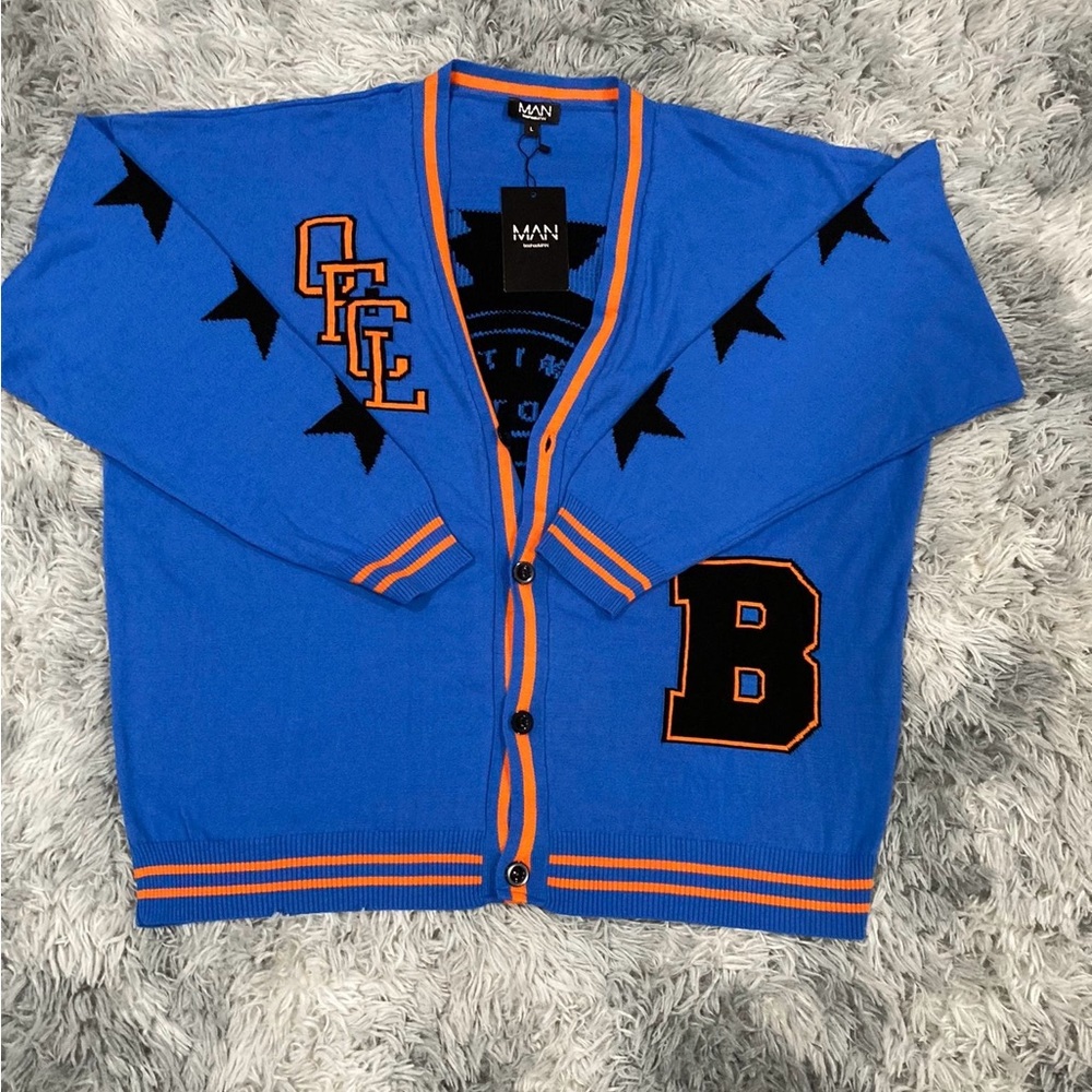 Vintage Graphic Blue Orange Cardigan Sweater